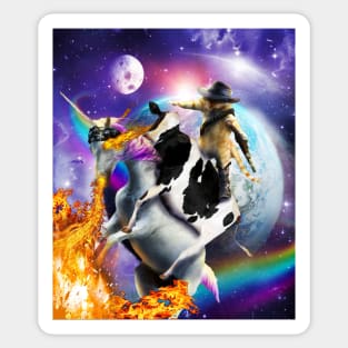 Space Galaxy Cowboy Cat On Cow Unicorn, Rainbow Fire Funny Sticker